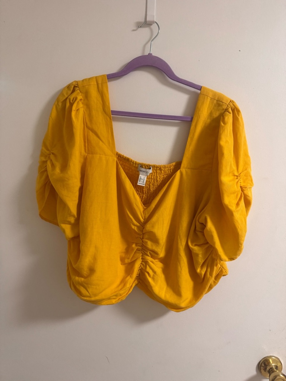 Forever 21 Bright Mustard Puff-Sleeve V-Neck Ruched Blouse